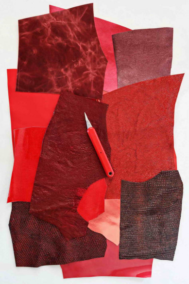 Leather scraps bag, RED color, fancy textures, foils and softness various  0,7 lbs - 0,300 kg