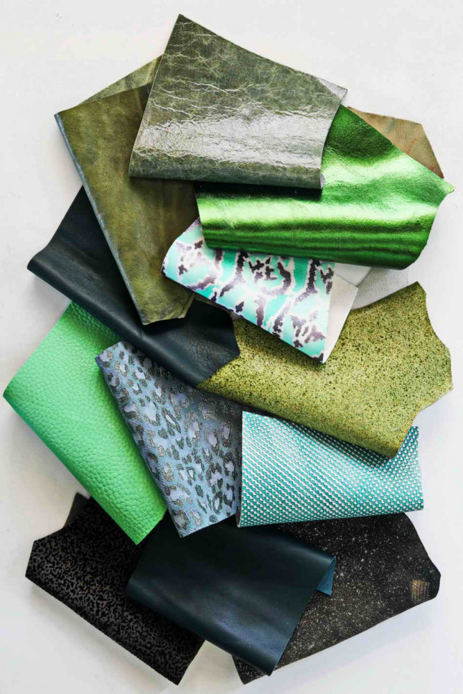 Leather scraps bag,GREEN color, fancy textures, foils and softness various  0,7 lbs - 0,300 kg