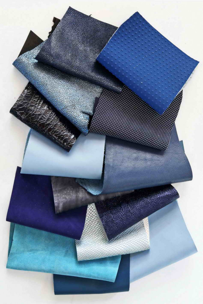 Leather scraps bag, BLUE color, fancy textures, foils and softness various  0,7 lbs - 0,300 kg