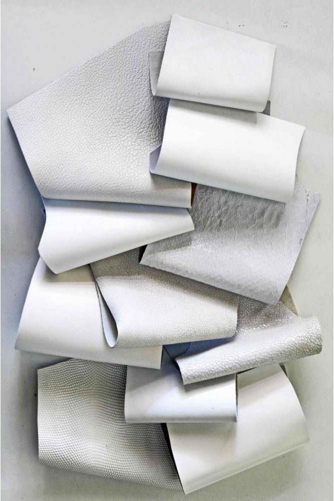 Leather scraps bag, WHITE color, fancy textures, foils and softness various  0,7 lbs - 0,300 kg