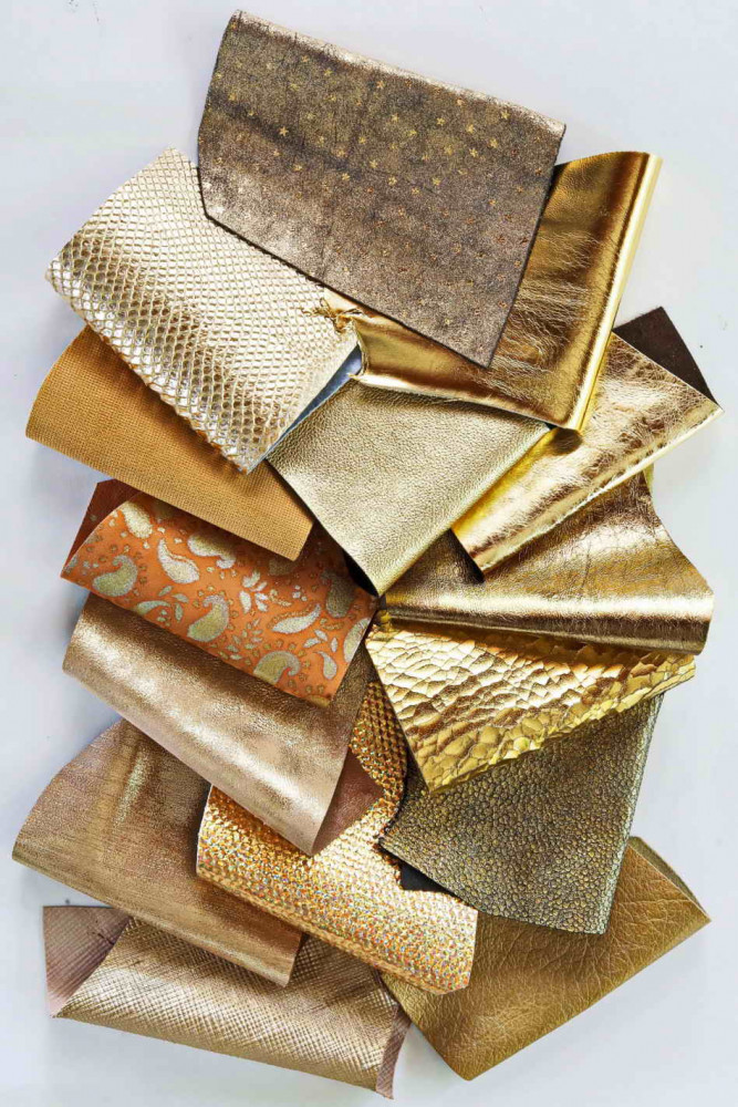 Leather scraps bag, GOLD color, fancy textures, foils and softness various  0,7 lbs - 0,300 kg