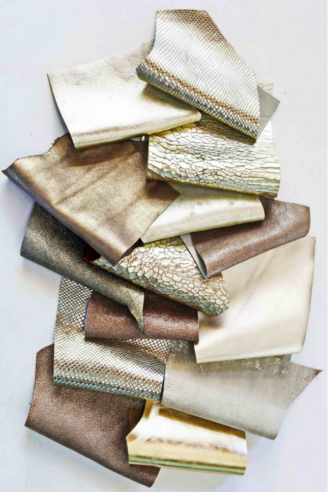 Leather scraps bag, PLATINUM color, fancy textures, foils and softness various  0,7 lbs - 0,300 kg