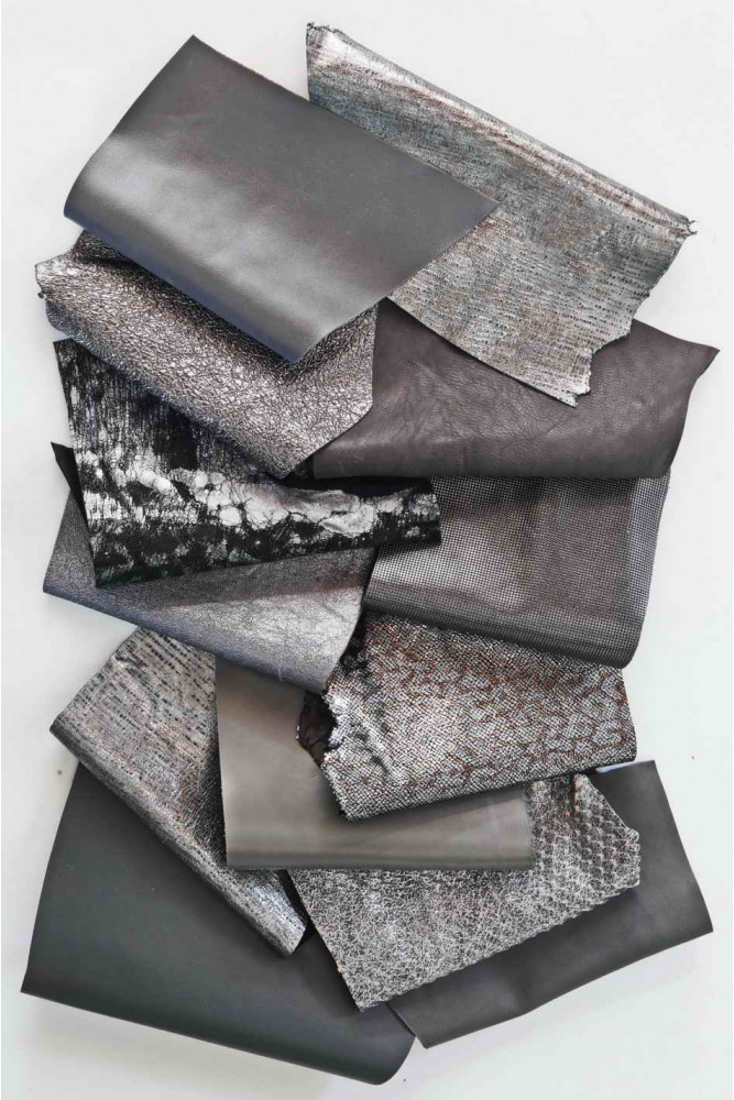 Leather scraps bag, DARK GREY color, fancy textures, foils and softness various  0,7 lbs - 0,300 kg