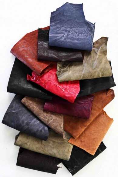 Leather scraps bag, WRINKLED WASHED, colors and softness various  0,7 lbs - 0,300 kg