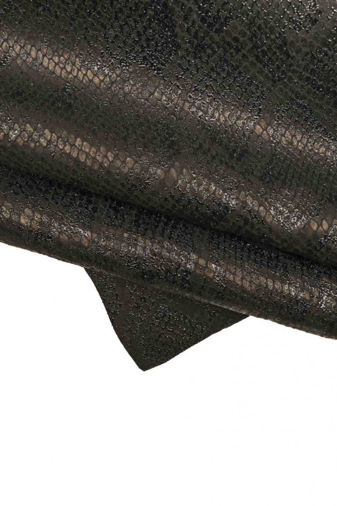 Black PYTHON printed leather hide, snake textured bright cowhide, reptile pattern on calfskin, medium softness