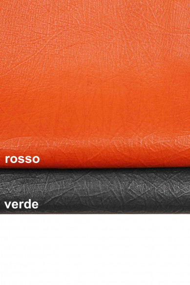 Red dark green VINTAGE leather skin, sporty printed goatskin, soft embossed wrinkled skin