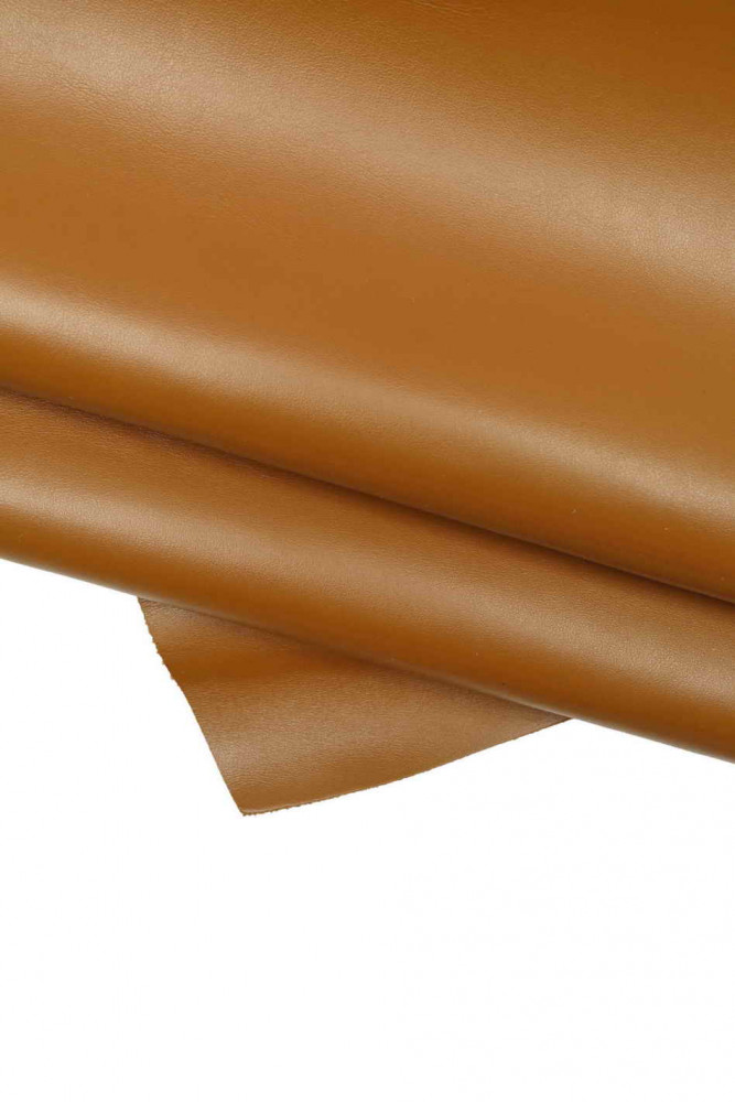 Brown GLOSSY lather hide, tan smooth cowhide, solid color slightly stiff calfskin