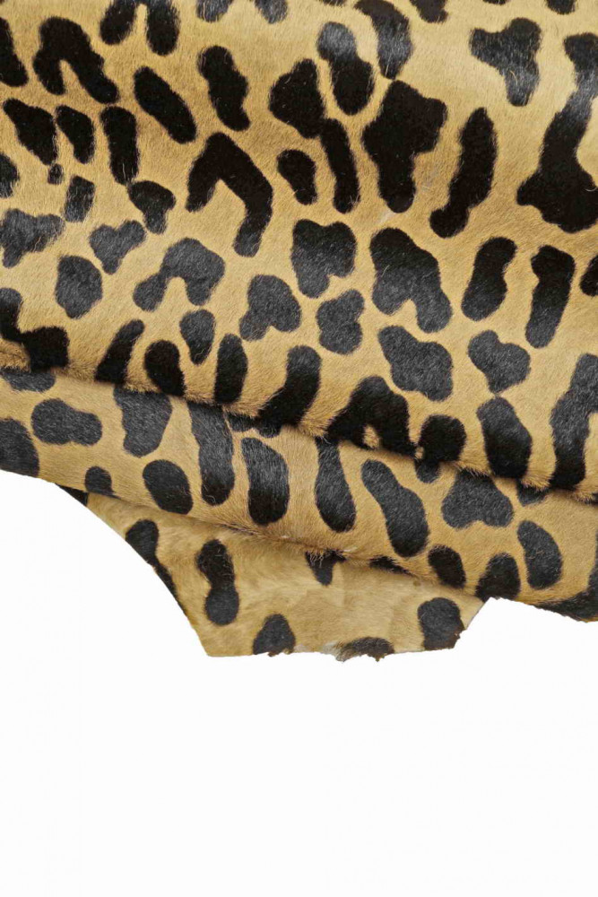 Cheetah PRINTED hair on leather hide, beig eblack leopard textured pony calfskin, soft hairy cowhide