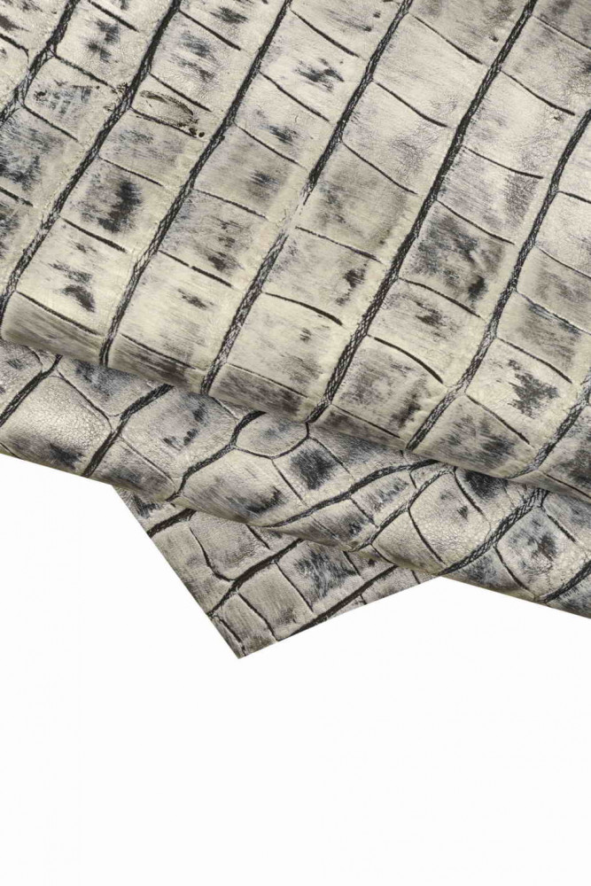 Silver metallic crocodile EMBOSSED leather hide, sporty alligator print cowhide, animal print vintage distressed calfskin