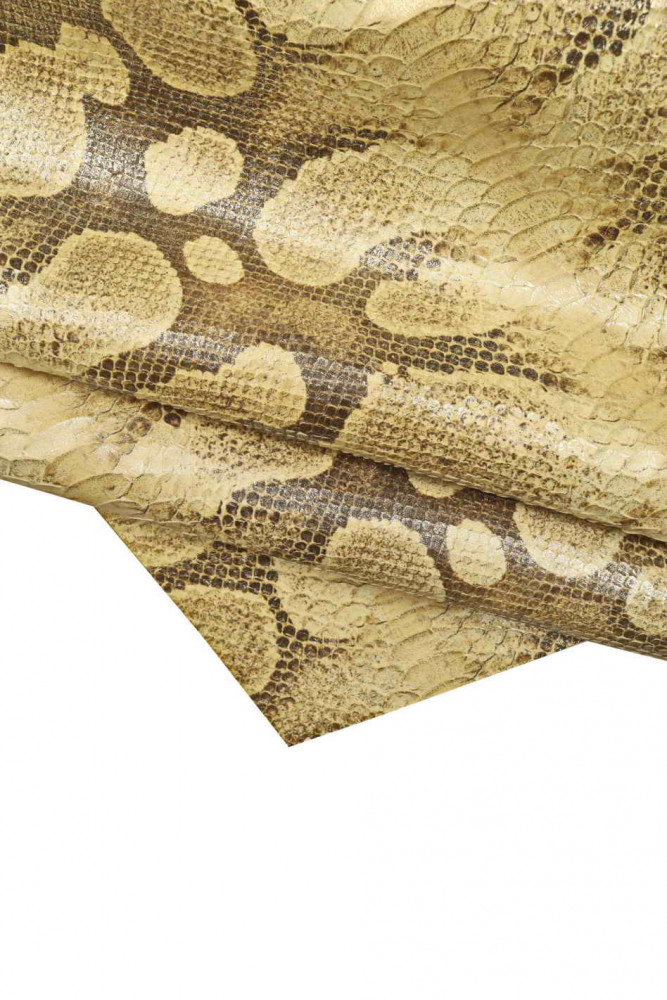 REPTILE textured leather hide, beige light gold brown animal print snake pattern on calfskin, metallic printed cowhide