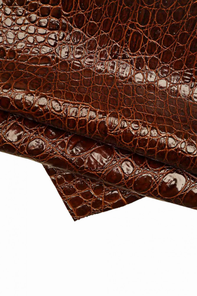 Brown CROCODILE embossed leather hide, classic glossy cowhide, animal print stiff calfskin