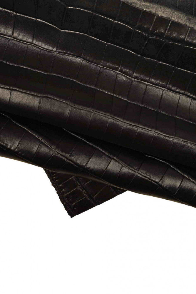 Black ANIMAL print leather hide, crocodile embossed calfskin, glossy printed cowhide