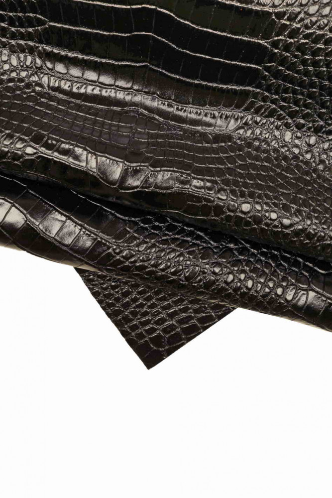 Black crocodile EMBOSSED leather hide, glossy alligator printed cowhide, stiff animal print calfskin