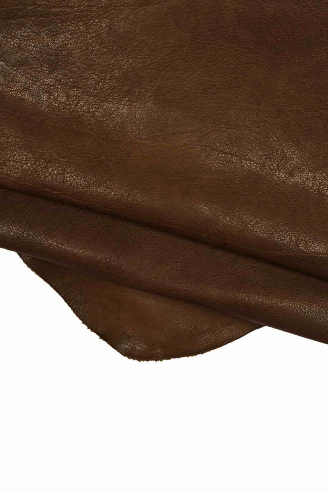 Brown VEGETABLE tan leather hide, vintage light wrinkled effect cowhide, soft glossy sporty calfskin