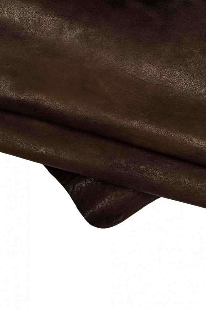Brown VEGETABLE tan leather hide, sporty semi-glossy cowhide, dark brown soft vintage calfskin