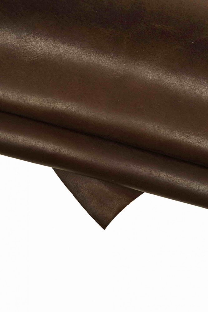 Dark brown VEGETABLE tanned leather hide, smooth vintage cowhide, stiff sporty calfskin, thickness 1.5-1.6 mm