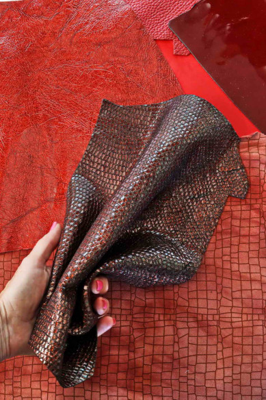 Mix LEATHER scraps - RED color - fancy textures, solid color and softness various, italian leather pieces   1 lbs