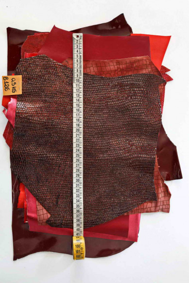 Mix LEATHER scraps - RED color - fancy textures, solid color and softness various, italian leather pieces   1 lbs