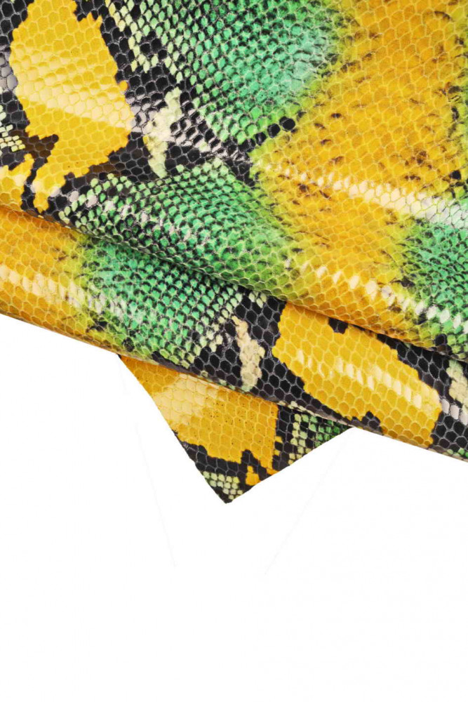 Green yellow PYTHON textured leather hide, glossy reptile printed cowhide, snake pattern on soft calfskin
