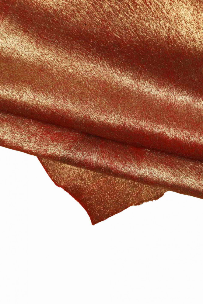 Red METALLIC hair on leather hide, soft pony calfskin with light gold foil