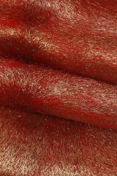 Red METALLIC hair on leather hide, soft pony calfskin with light gold foil