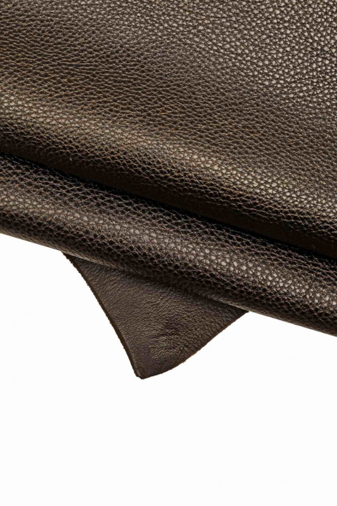 Dark BROWN leather hide, pebble grain printed cowhide, glossy calfskin with light pull up effect, soft