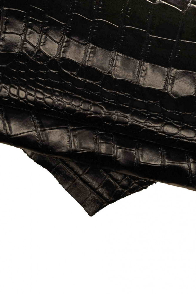 Black CROCODILE embossed leather hide, animal print glossy cowhide