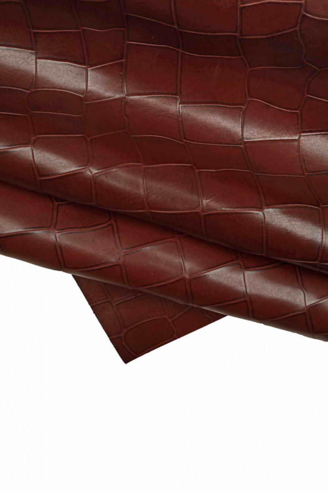 Burgundy crocodile EMBOSSED leather hide, glossy animal print calfskin, croc printed stiff cowhide