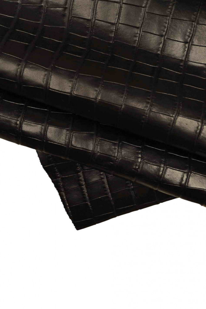 BLACK crocodile printed cowhide, animal print embossed leather hide, glossy stiff calfskin