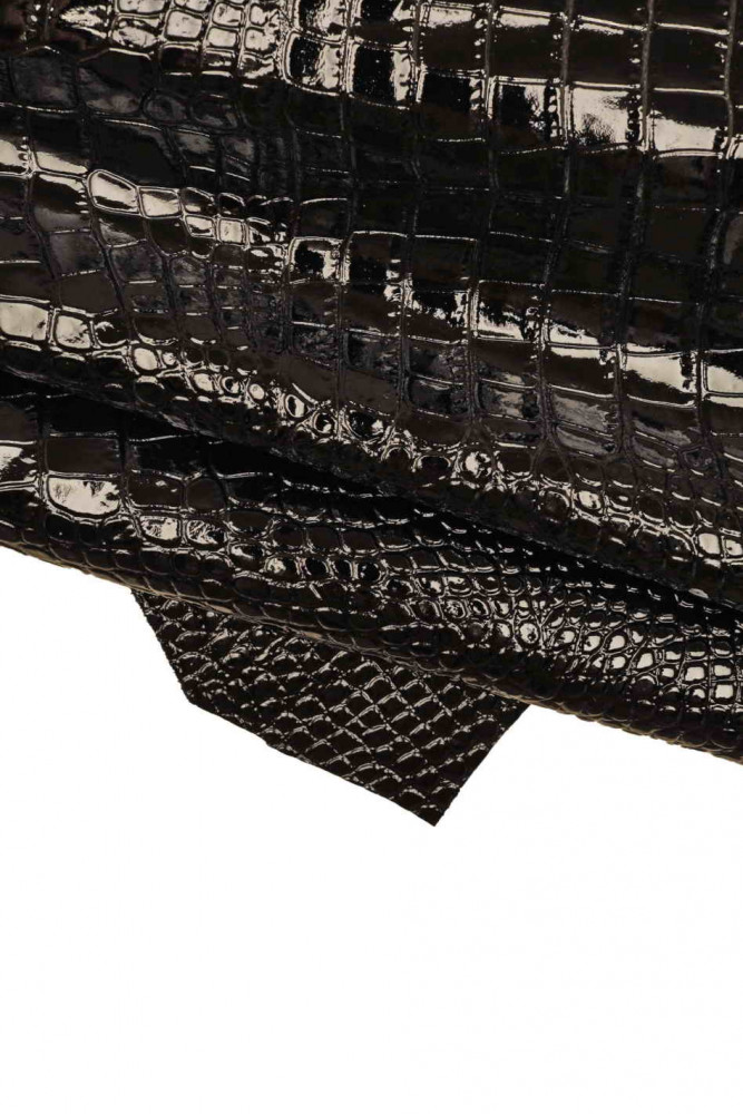 Black CROCODILE embossed leather hide, glossy printed stiff cowhide, animal print calfskin