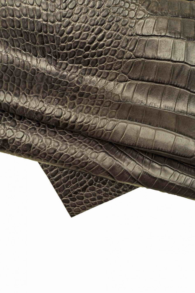 GREY crocodile embossed cowhide, alligator embossed leather hide, animal print glossy stiff calfskin