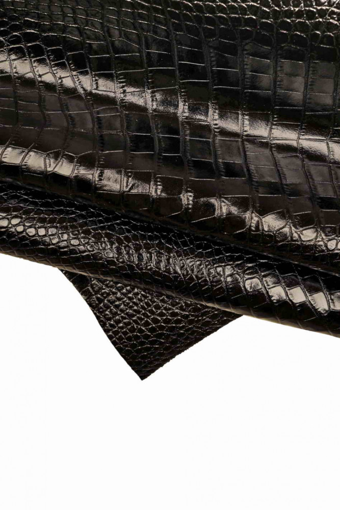 Black CROCODILE embossed leather hide, animal print cowhide, alligator printed glossy stiff calfskin