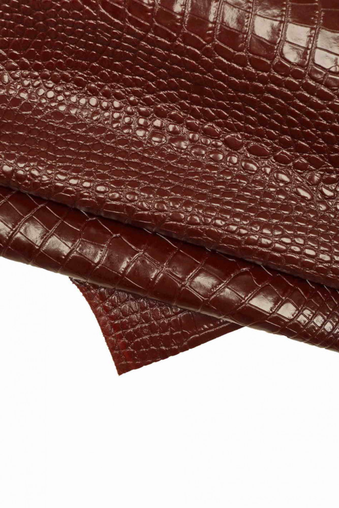 BURGUNDY crocodile embossed leather hide, glossy stiff cowhide, animal print calfskin