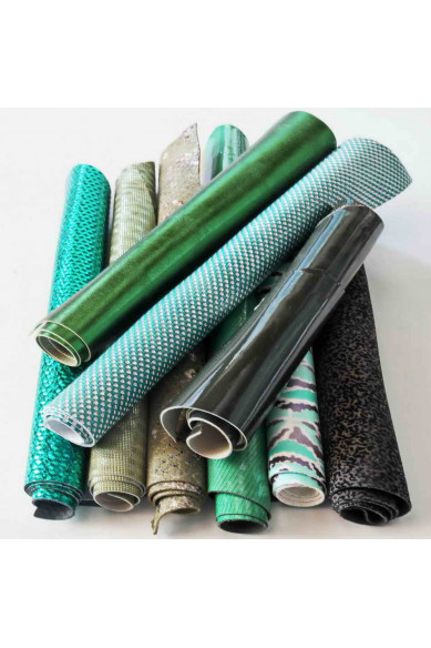 Scampoli di pelle miste color VERDE, fantasie varie e tinta unita, ideali per l'artigianato  0,500 kg