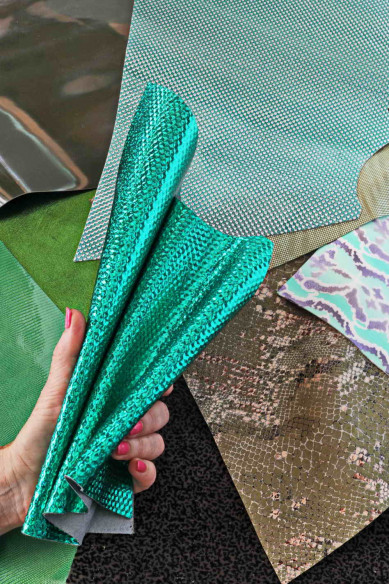 LEATHER scraps - GREEN color - fancy textures, solid color and softness various, italian leather pieces   1 lbs