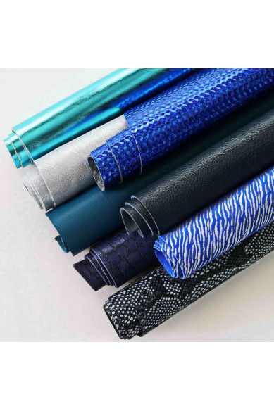 LEATHER scraps - BLUE color - fancy textures, solid color and softness various, italian leather pieces   1 lbs