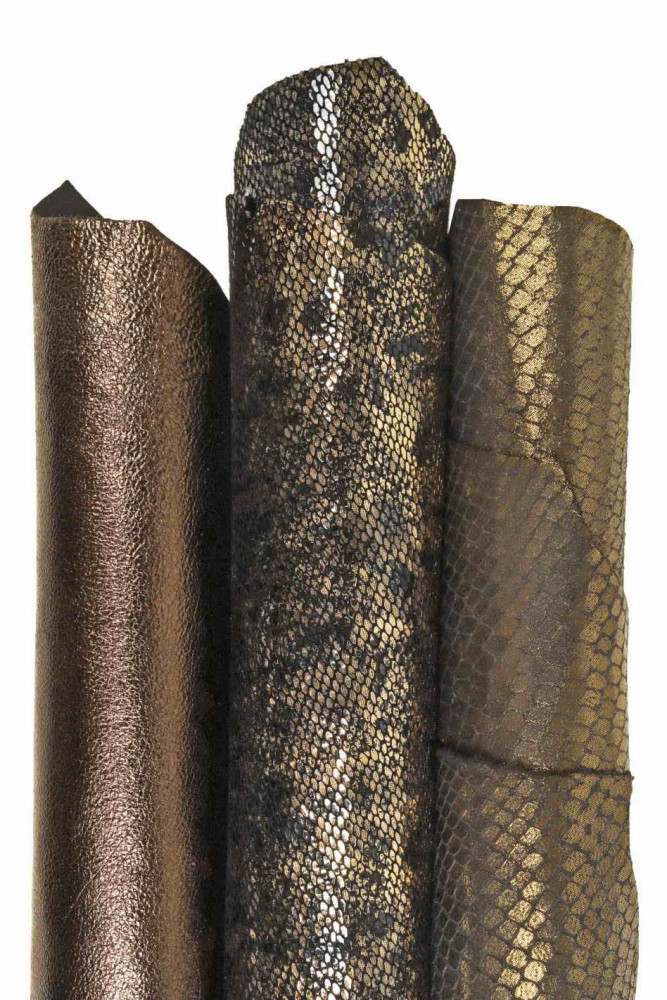 Boundle of 3 BROWN metallic leather skins, textured printed soft bright goatskins as per picture