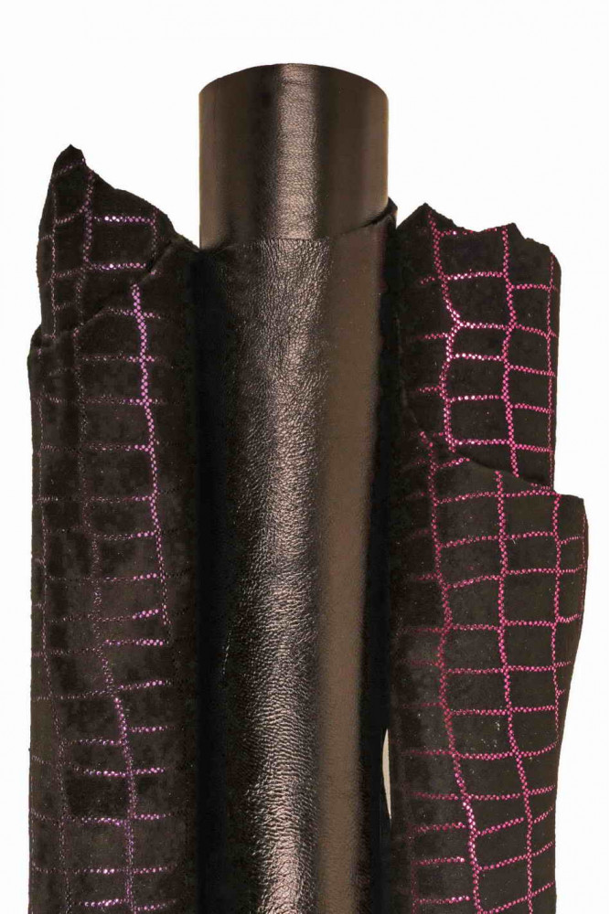 3 BLACK matching skins, set of 2 crocodile printed metallic suede leather hides and 1 black glossy sheepskin
