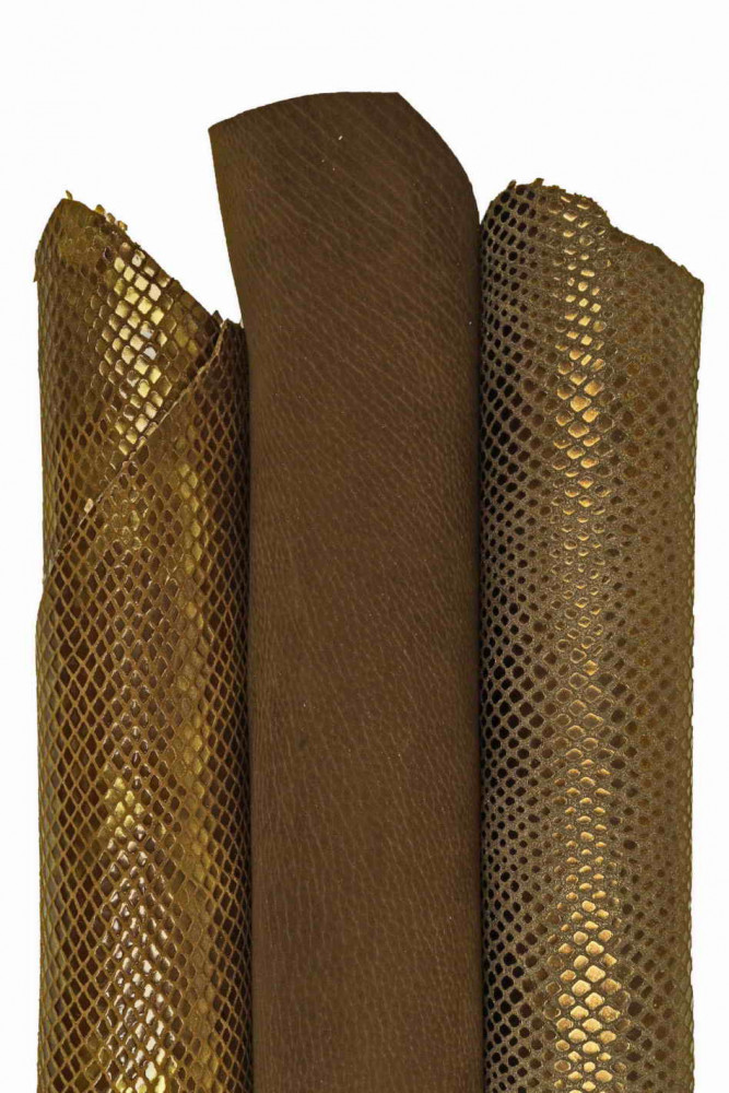 Set of brown BRONZE leather skins, boundle of 3 metallic printed sueede goatskins as per picture