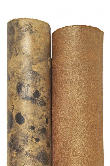 2 pelli SPORTIVE abbinate, lotto di 2 pelli marrone bronzo e nero, 1 vitello tamponato a mano e 1 vitello scamosciato laminato