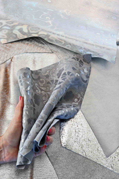 LEATHER scraps - SILVER color - fancy textures, solid color and softness various, italian leather pieces   1 lbs