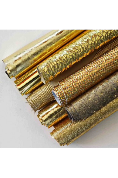 LEATHER scraps - GOLD color - fancy textures, solid color and softness various, italian leather pieces   1 lbs