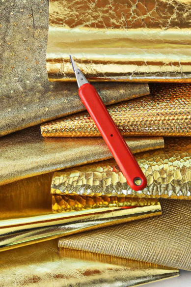 LEATHER scraps - GOLD color - fancy textures, solid color and softness various, italian leather pieces   1 lbs