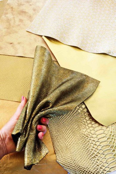 LEATHER scraps - GOLD color - fancy textures, solid color and softness various, italian leather pieces   1 lbs