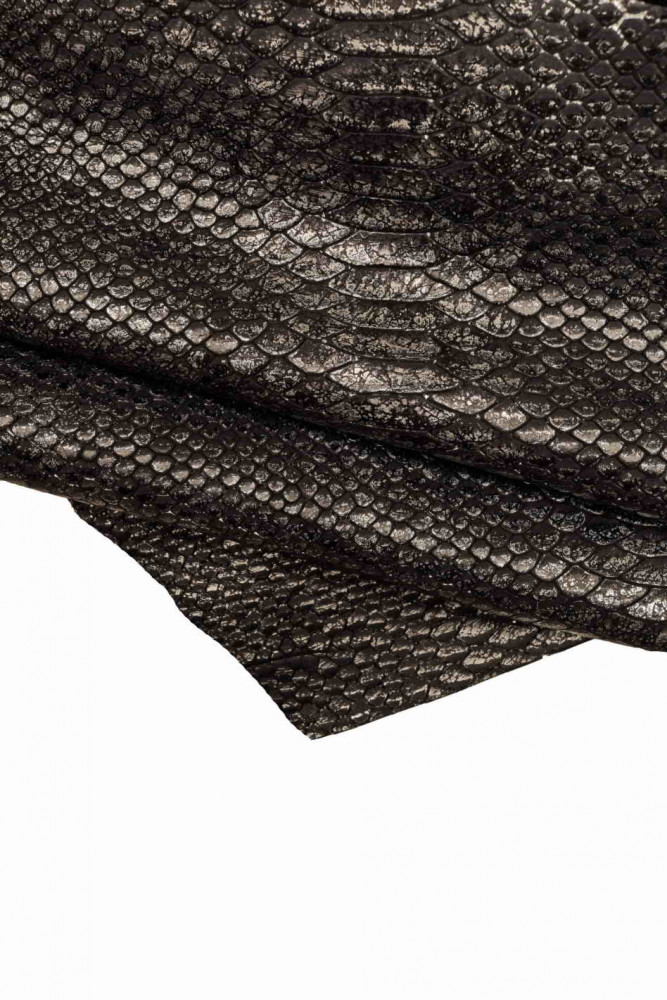 PYTHON printed leather skin, black goatskin with steel metallic foil, snake texture, reptile embossed skin, quite soft