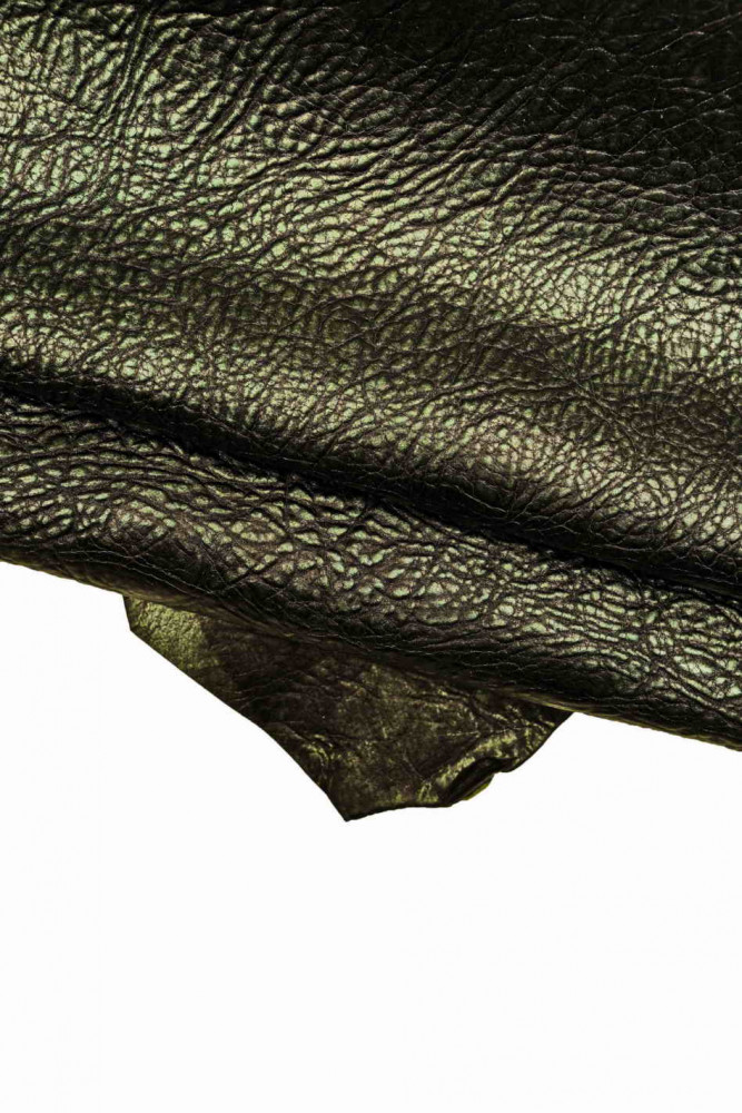 Metallic PRINTED leather skin, black green wrinkled goatskin, sporty sligthly stiff hide
