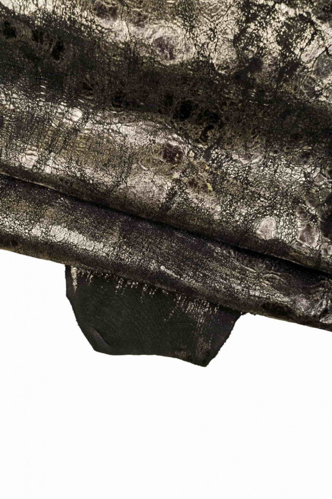 Dark grey METALLIC goatskin, black suede skin with red foil, wrinkled crackled leather hide with irregular grain