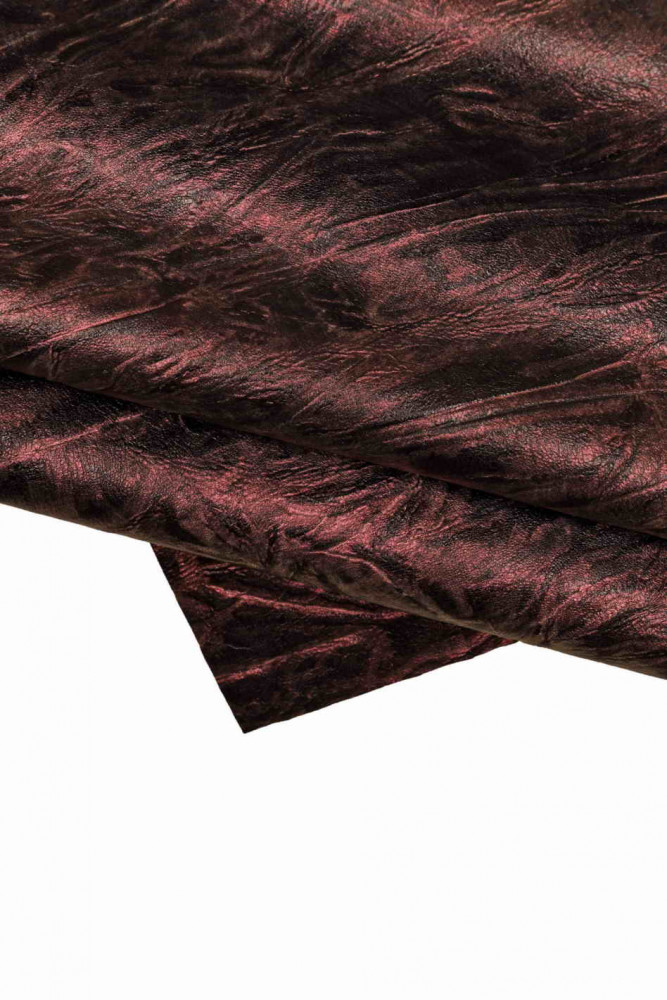 Metallic SPORTY leather skin, black lambskin with burgundy foil, soft wrinkled bright sheepskin
