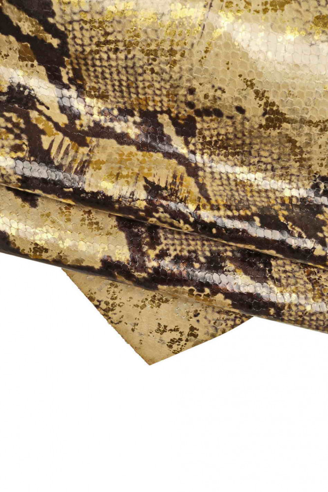 REPTILE printed cowhide, beige black leather hide with gold foil and python texture, snake pattern, medium softness