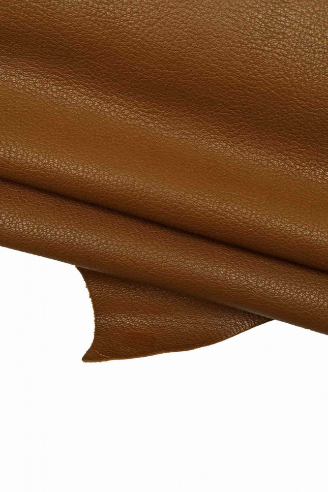 BROWN leather hide, tiny pebble grain printed skin, soft shiny printed goatskin